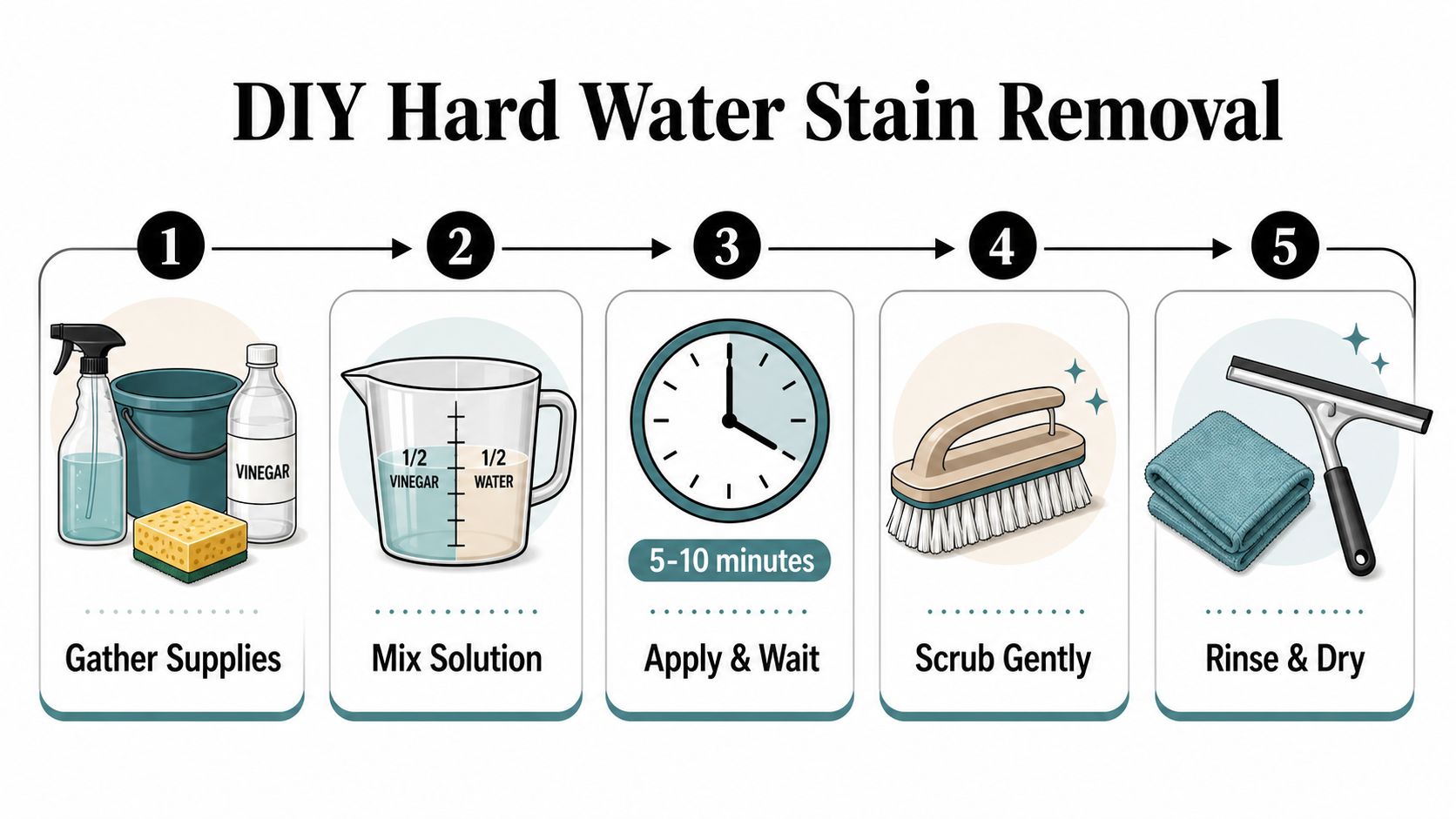 A five-step infographic showing how to remove hard water stains using vinegar, water, and scrubbing tools.