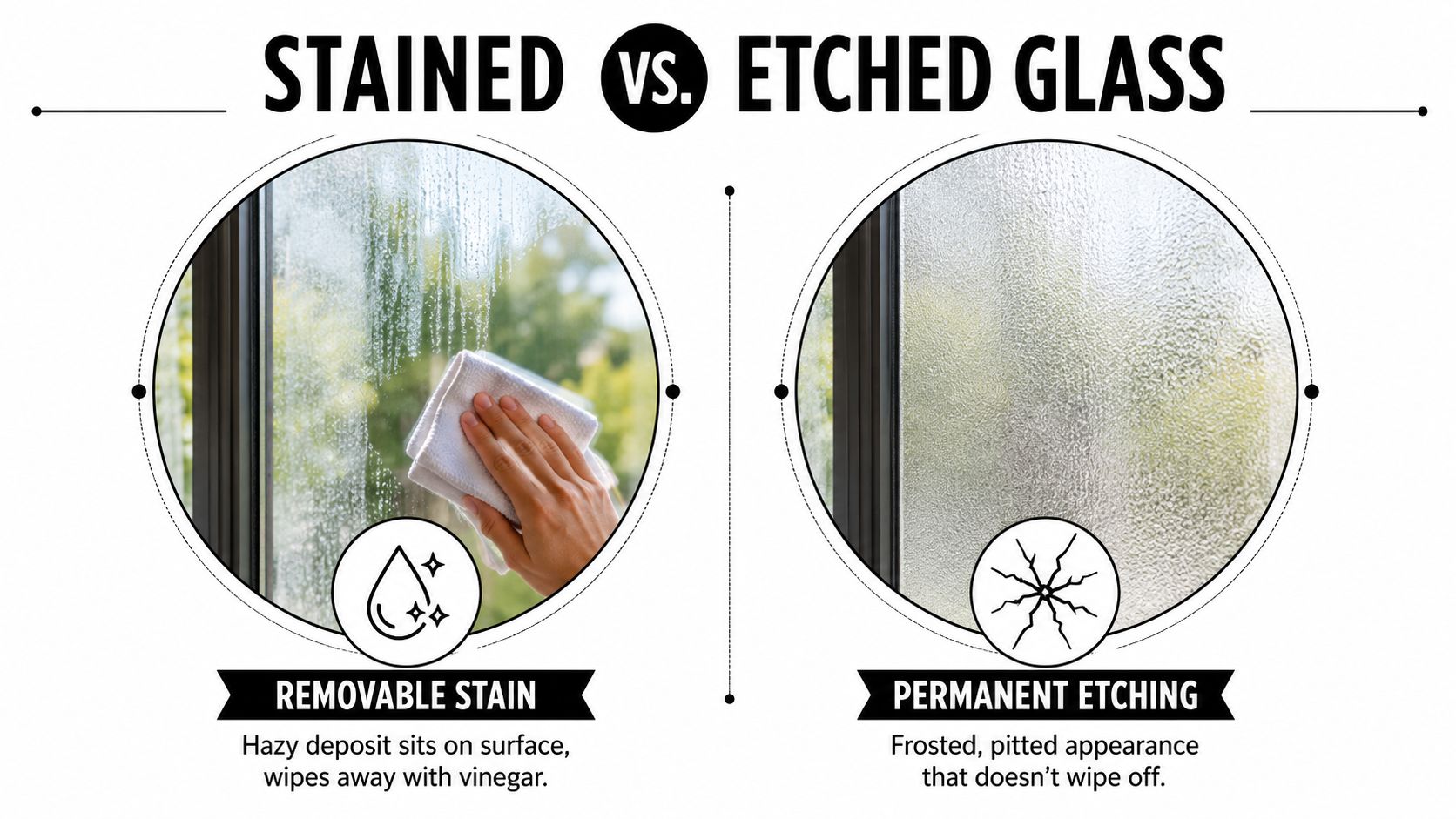 A comparison showing the difference between a removable hard water stain and permanent glass etching on windows.