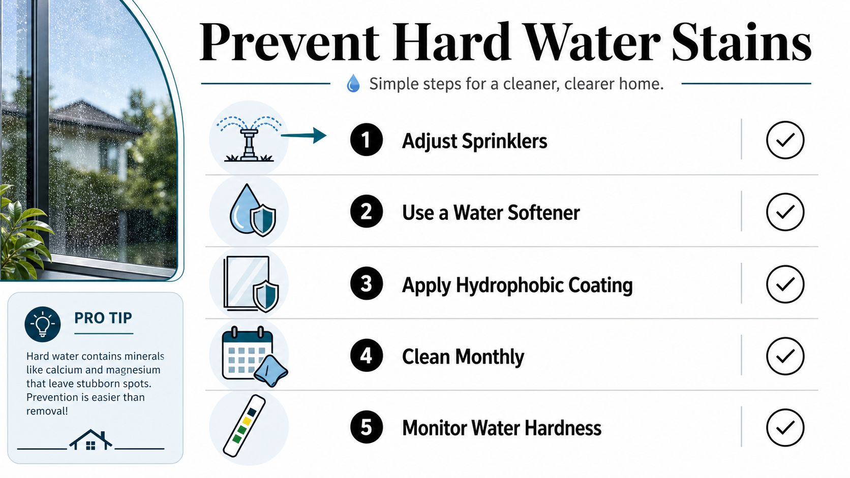 An infographic detailing five simple steps to prevent hard water stains on residential windows and glass surfaces.