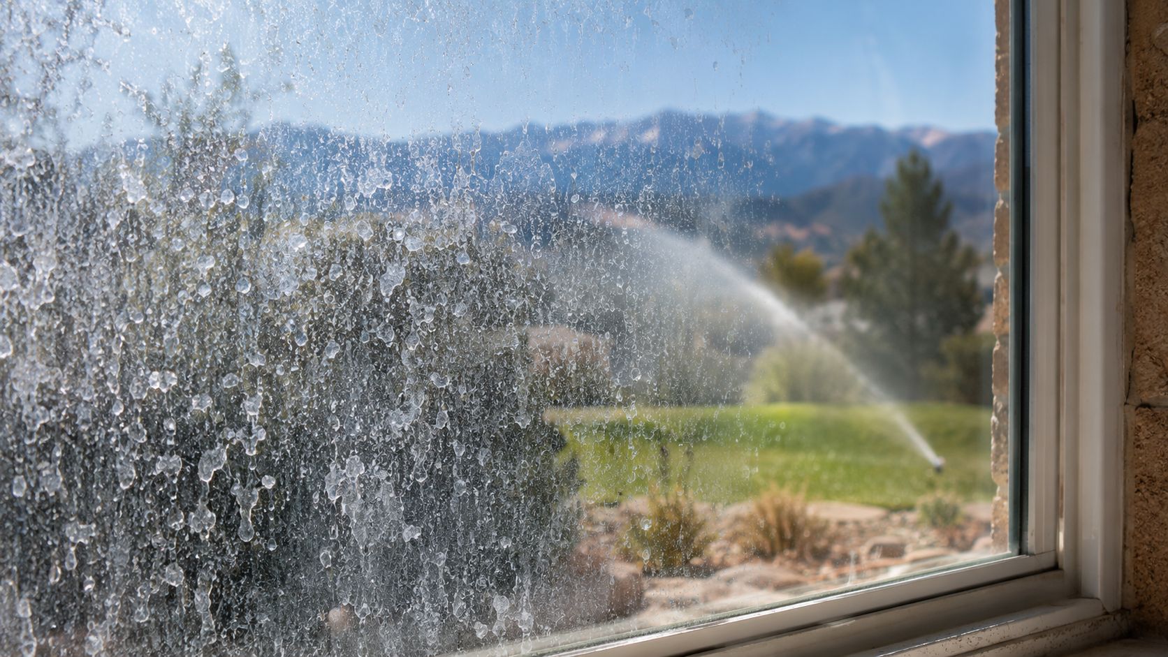 A dirty window covered in thick white hard water mineral deposits with a garden sprinkler spraying outside.