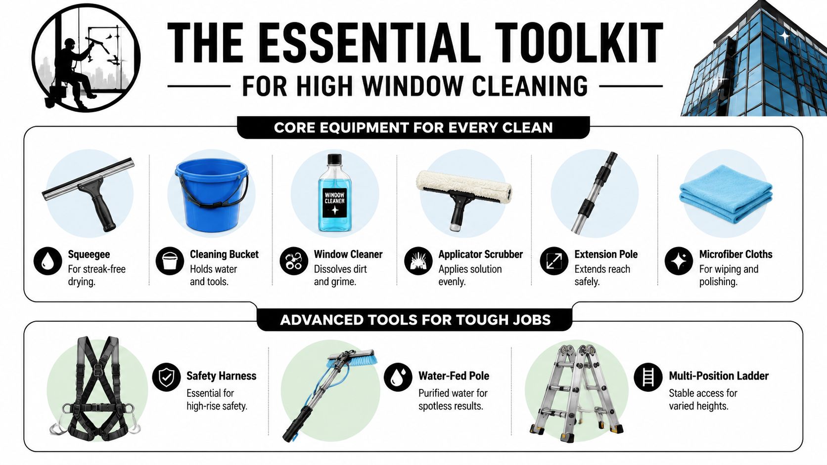 An infographic illustrating essential and advanced tools used by professionals for cleaning high windows in buildings.