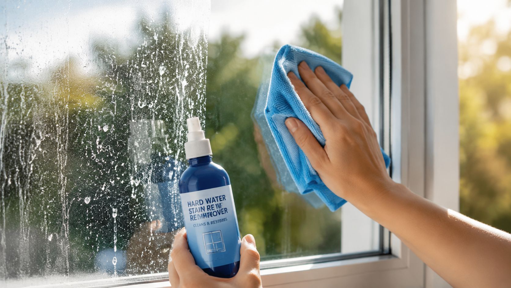 A person cleaning hard water stains off a glass window with a spray cleaner and cloth.