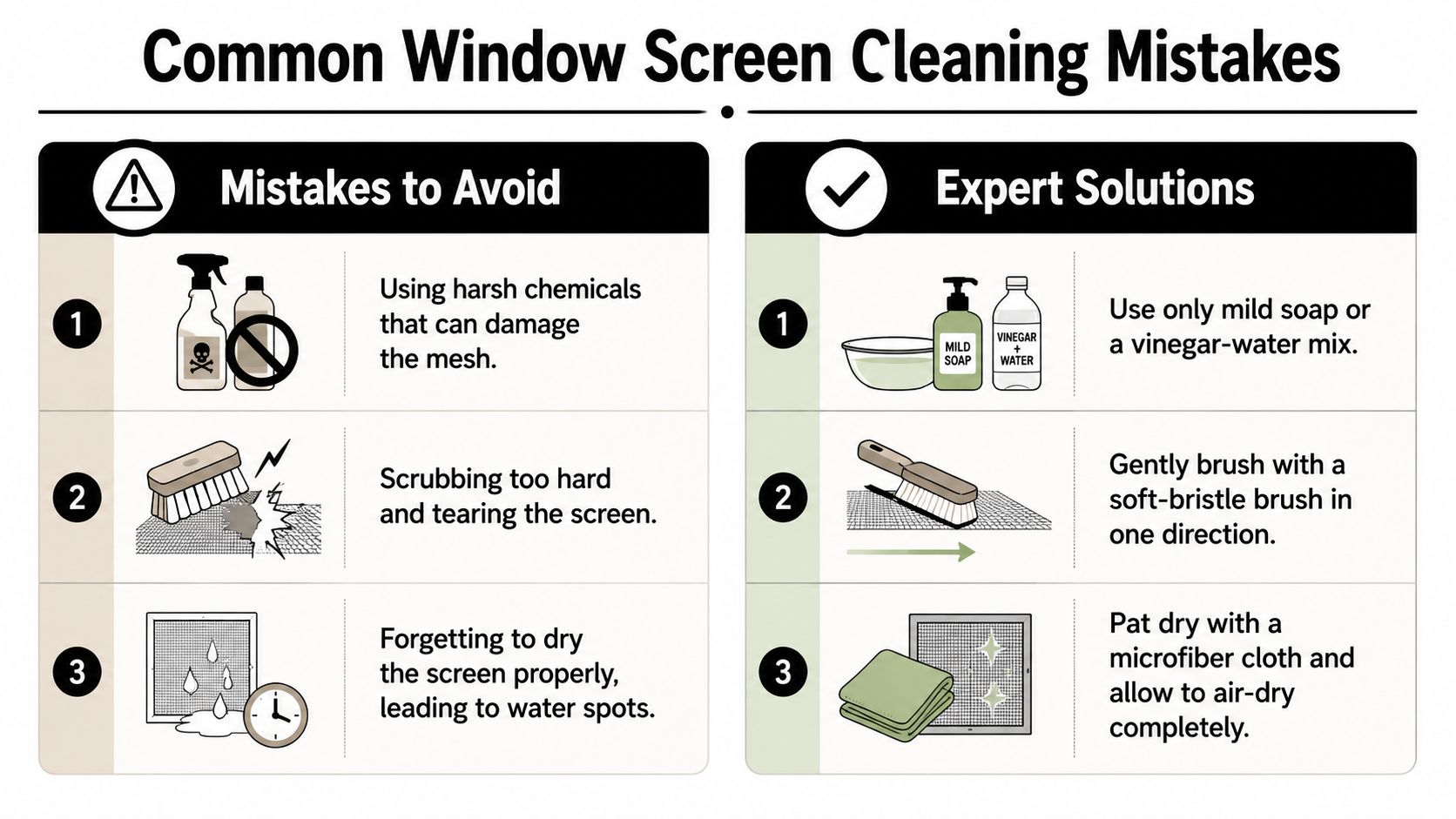 An infographic showing three common mistakes to avoid when cleaning window screens and three expert solution alternatives.