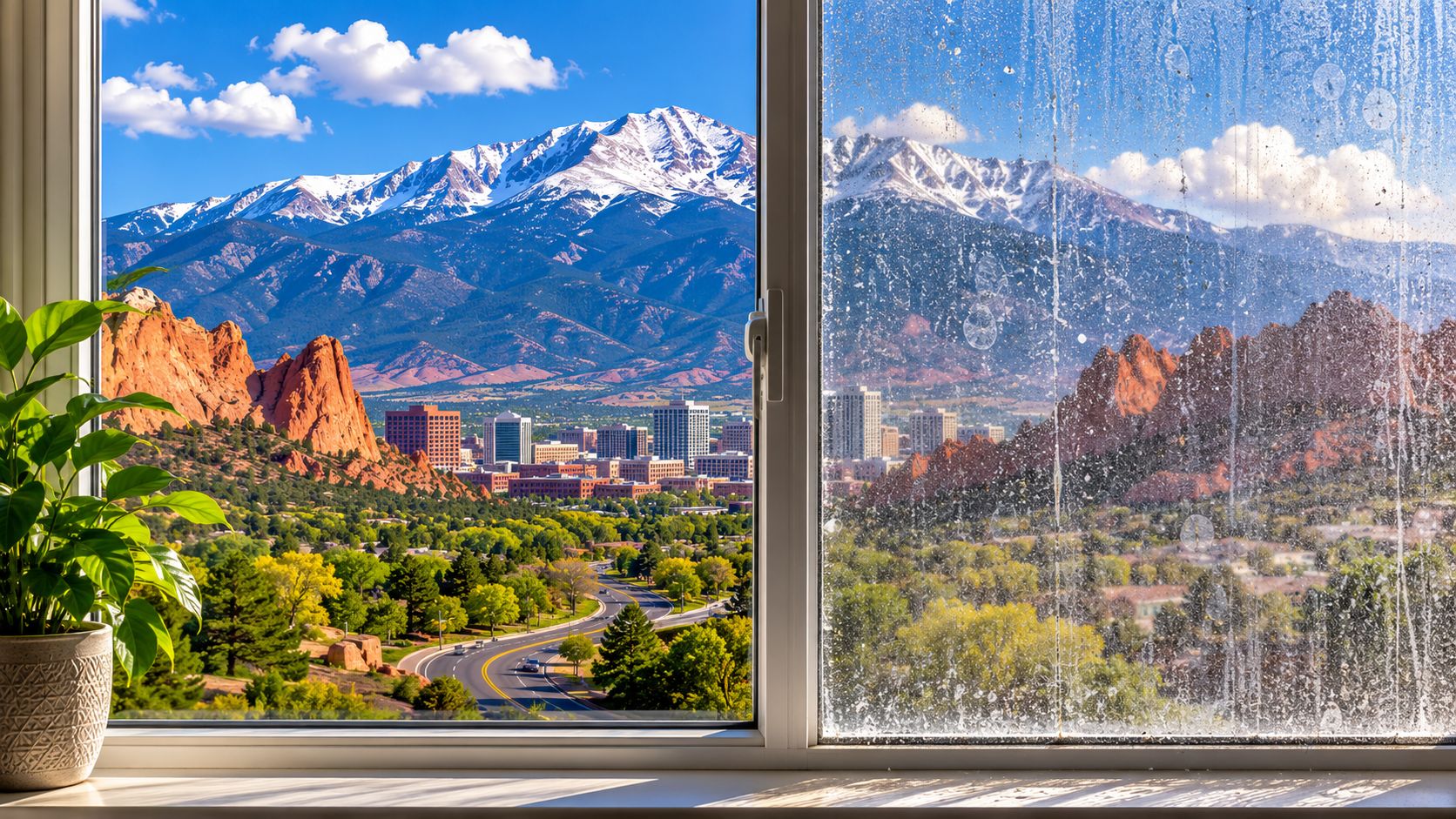 A view through a window showing a clean side with a mountain landscape and a dirty side.