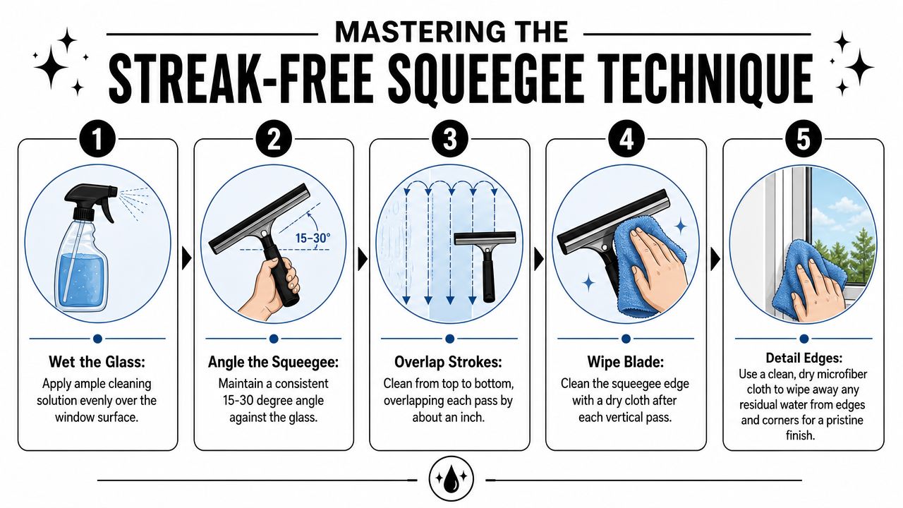 A five-step instructional guide on how to professionally clean windows using a squeegee and microfiber cloth.