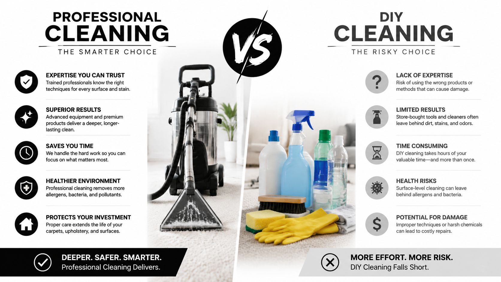A comparison infographic showing professional carpet cleaning services versus DIY cleaning methods for home maintenance.