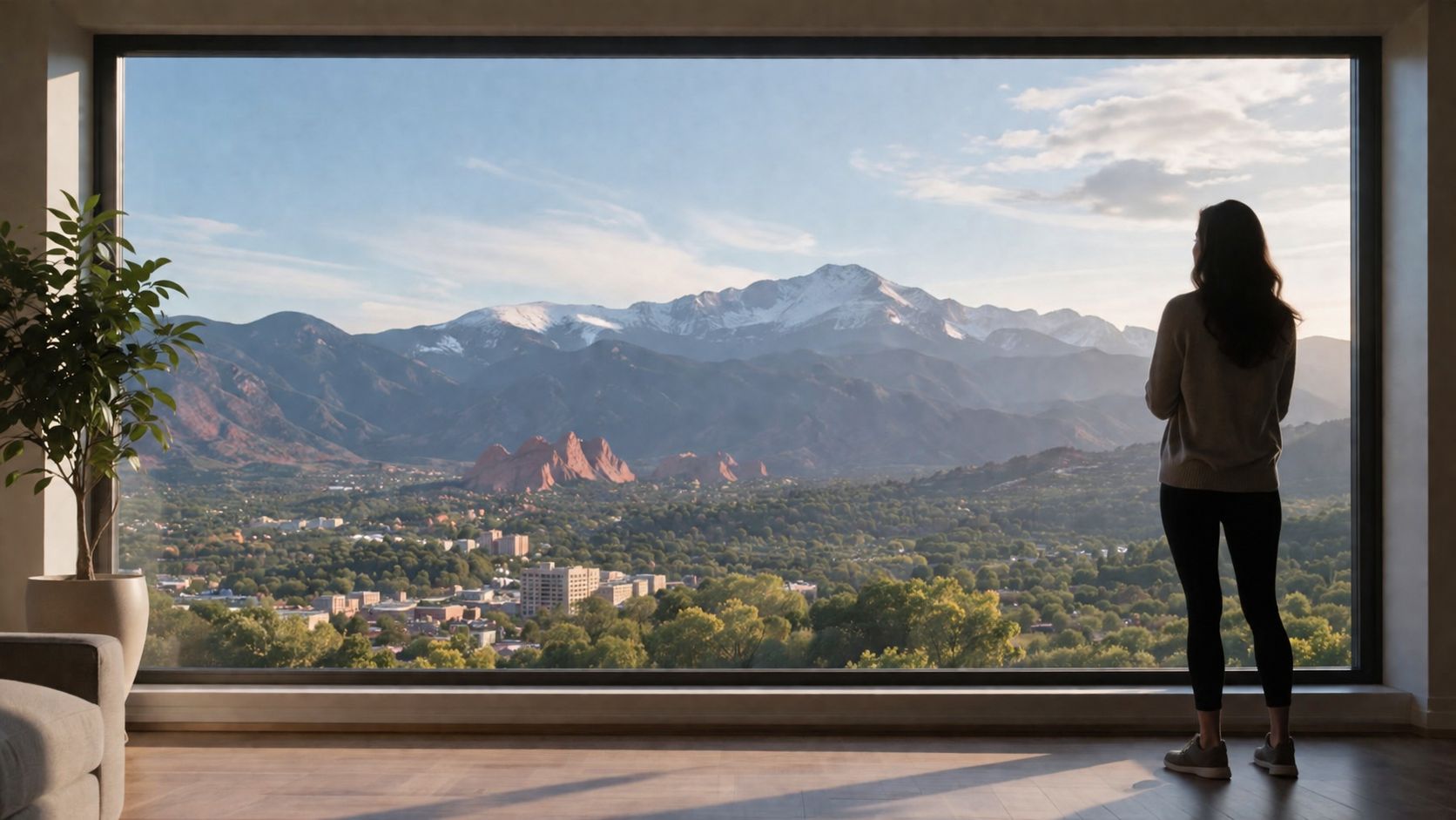 A woman stands by a large floor-to-ceiling window overlooking a scenic mountain range and city landscape.