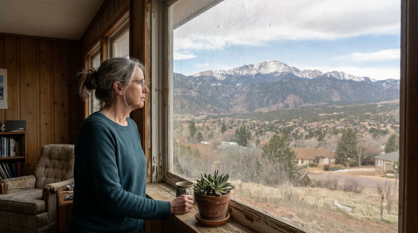 A woman stands by a window with a screen, looking out at a scenic mountain landscape view.