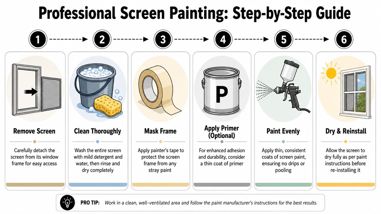 A six-step infographic guide detailing the professional process for cleaning and painting window screens.