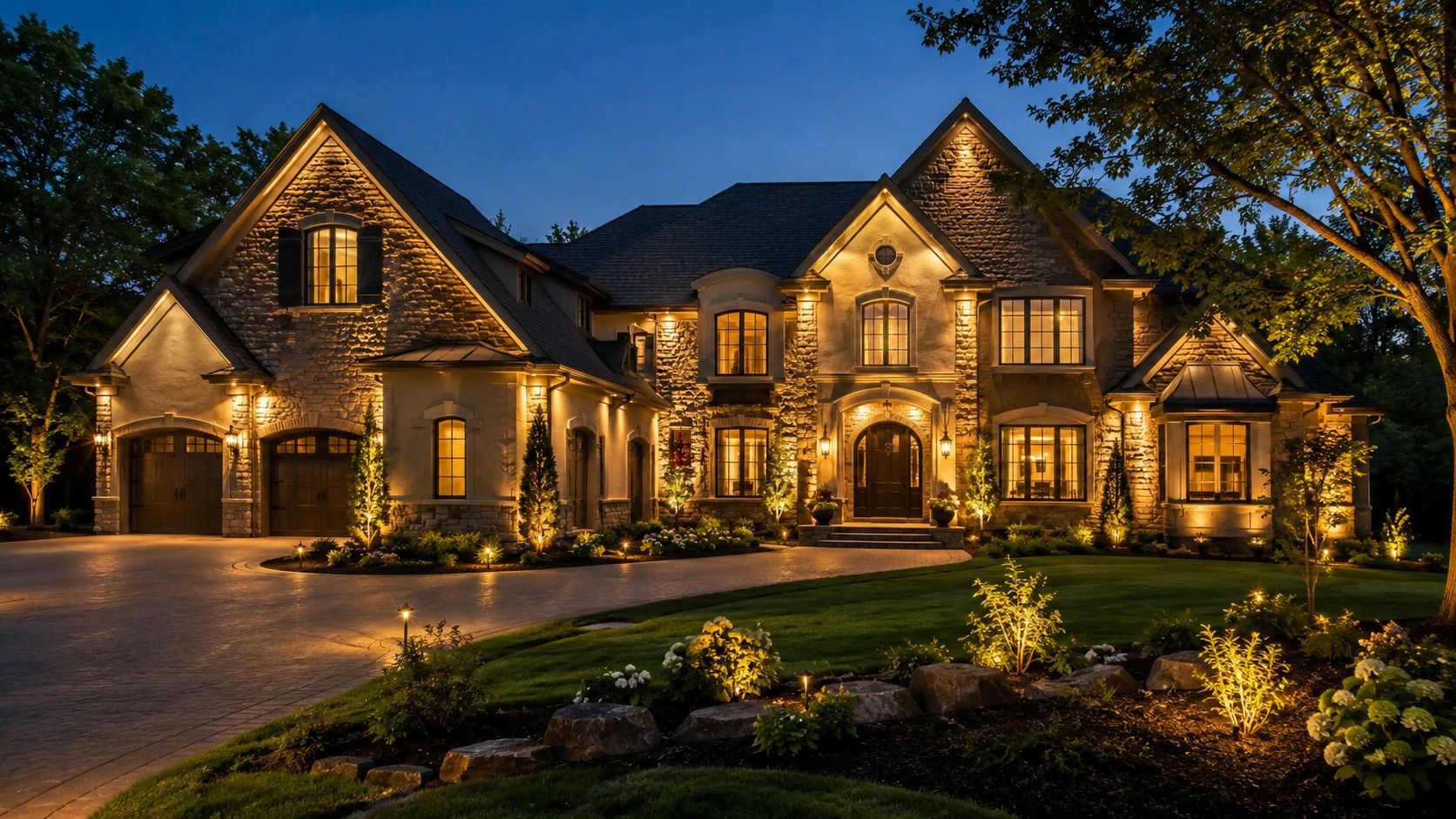 A stunning luxury suburban mansion illuminated with warm exterior lighting against a deep blue dusk sky.
