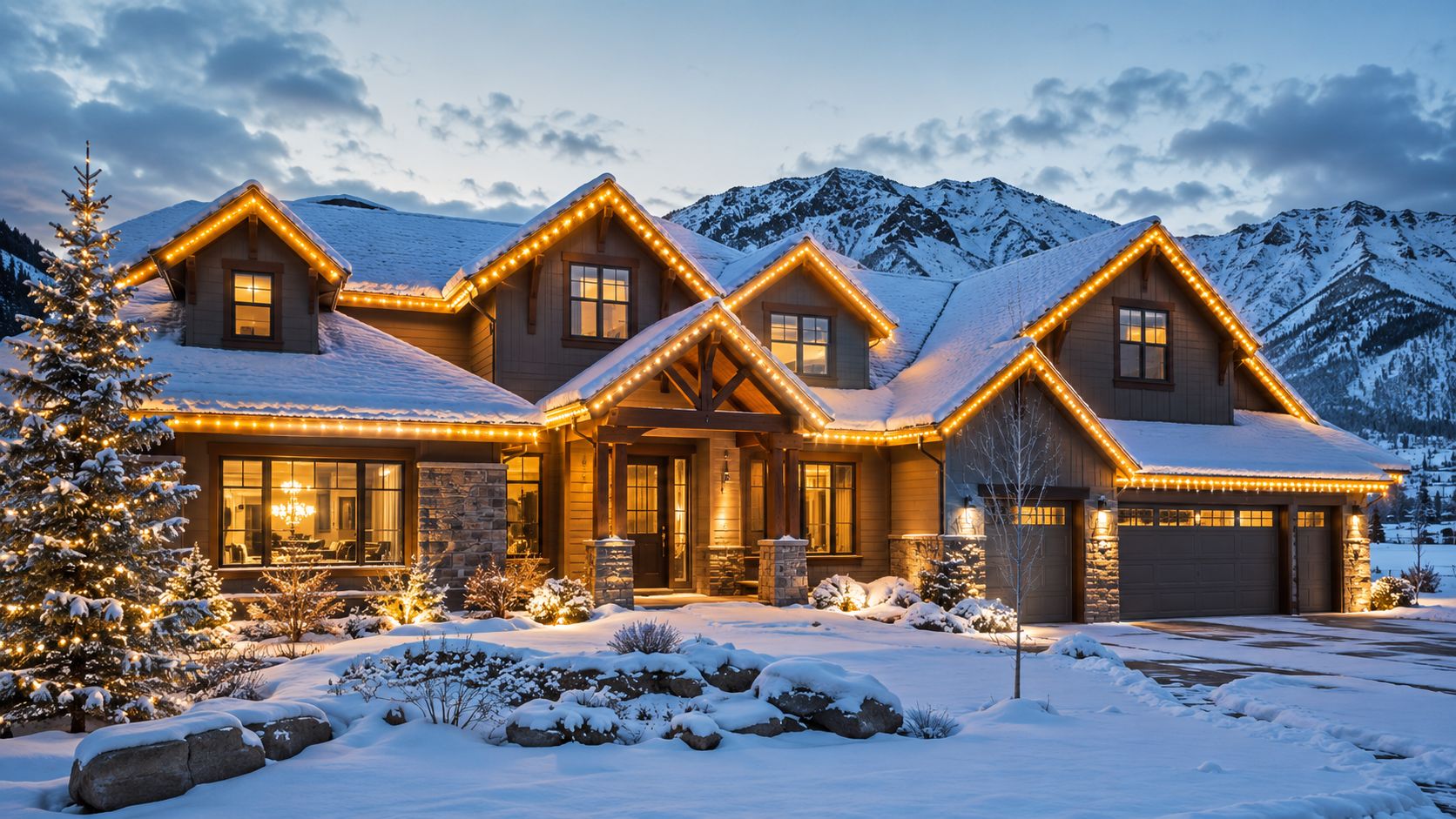 A luxury mountain home covered in snow at dusk with glowing permanent outdoor Christmas lights installed.