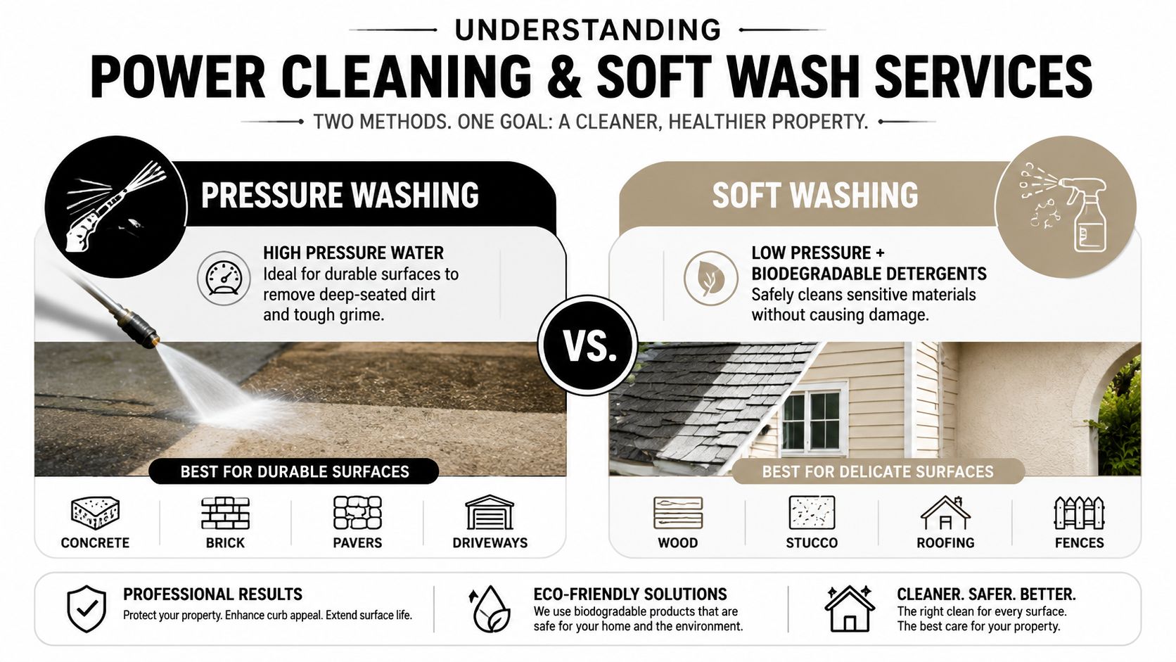 A comparison infographic between pressure washing for durable surfaces and soft washing for delicate home surfaces.