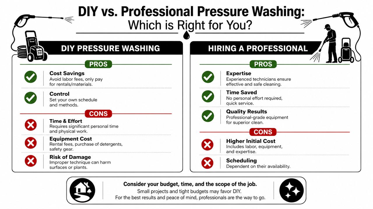 A comparison chart outlining the pros and cons of DIY versus professional pressure washing services.
