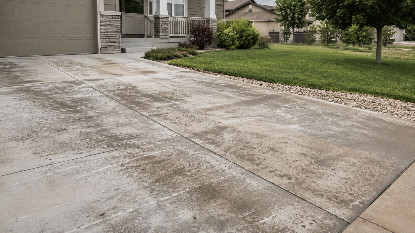 A concrete residential driveway needing a deep professional pressure wash to remove surface stains and dirt.
