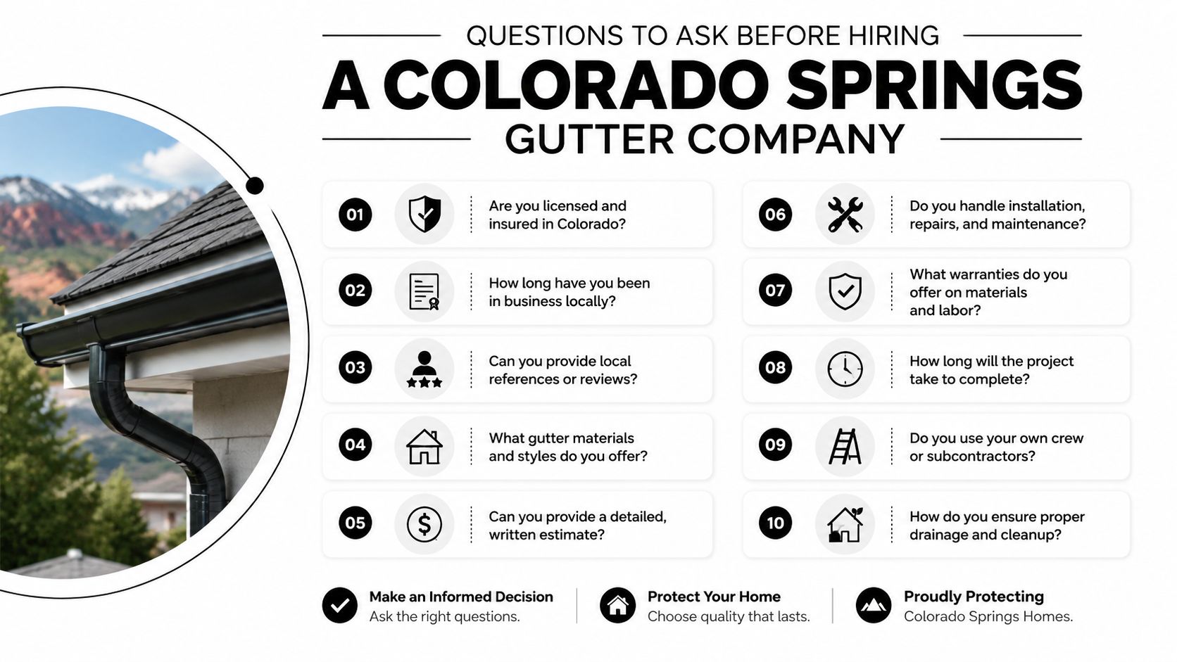 A checklist infographic titled Questions to Ask Before Hiring a Colorado Springs Gutter Company for homeowners.