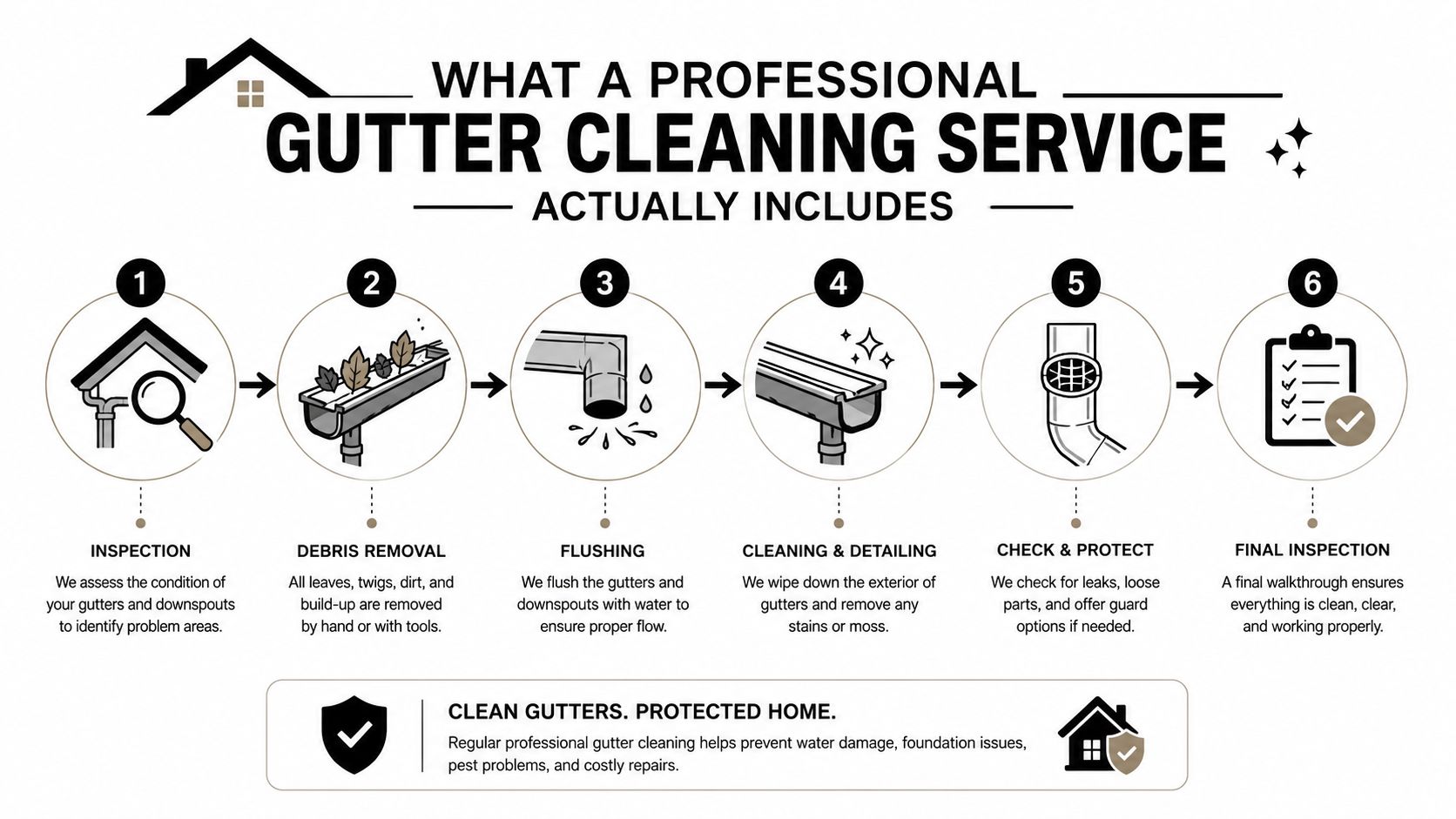 A professional infographic illustrating the six steps involved in a comprehensive residential gutter cleaning and maintenance process.