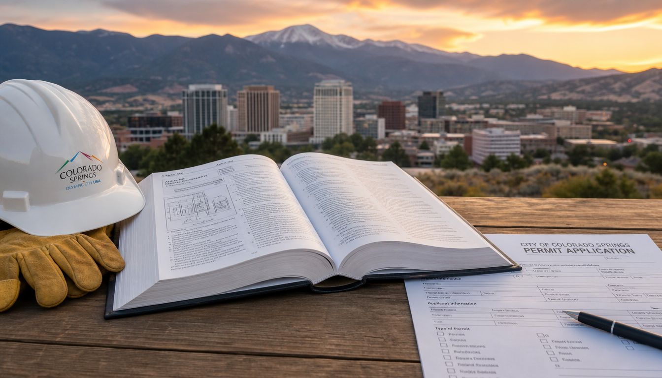 A hard hat and construction permit application rest on a table overlooking the Colorado Springs cityscape.