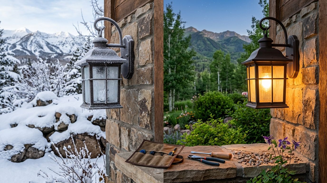 A split image showing a lantern being installed during snowy winter and lush summer conditions.