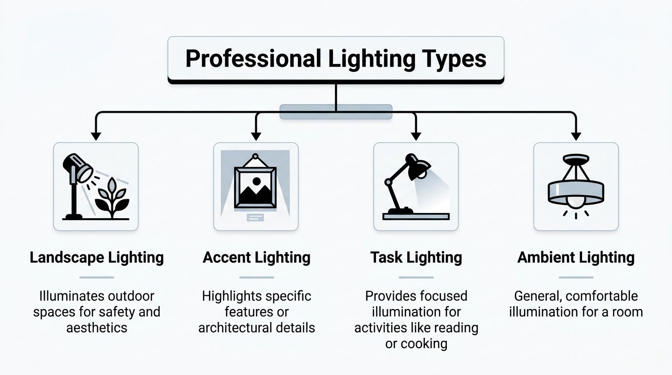 A diagram illustrating four types of professional lighting: landscape, accent, task, and ambient lighting with descriptions.
