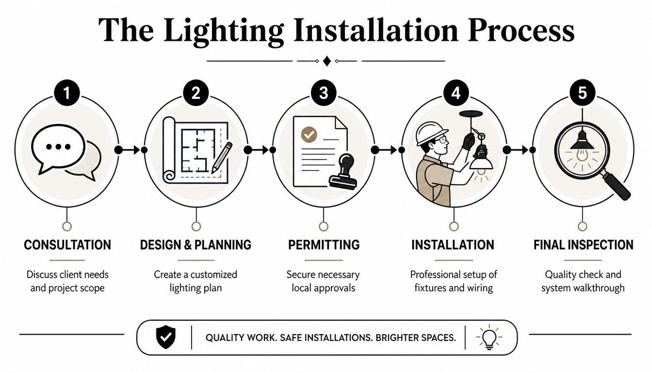A step-by-step infographic illustrating the five stages of a professional residential lighting installation process.