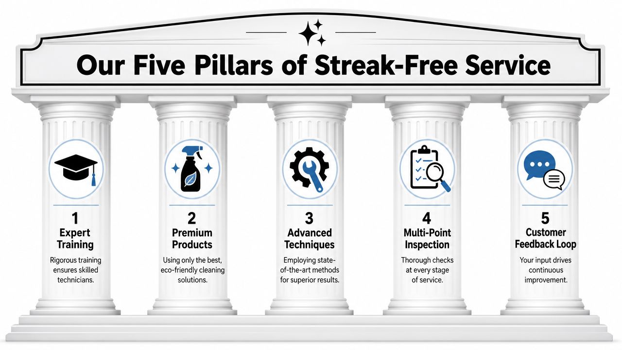 An infographic titled Our Five Pillars of Streak-Free Service featuring five pillars representing quality cleaning standards.