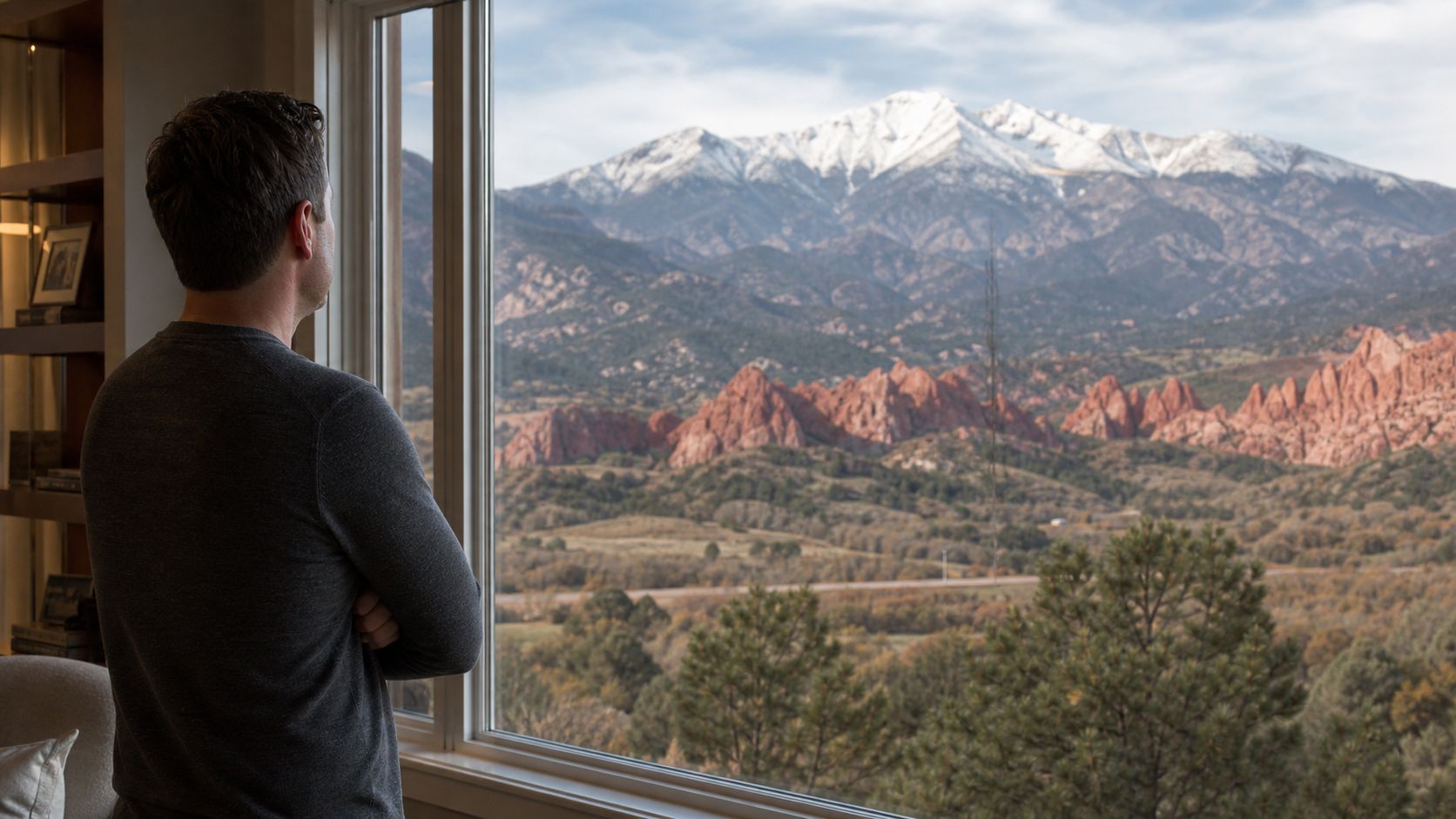 A man looking out a window at a scenic view of red rock formations and mountains.