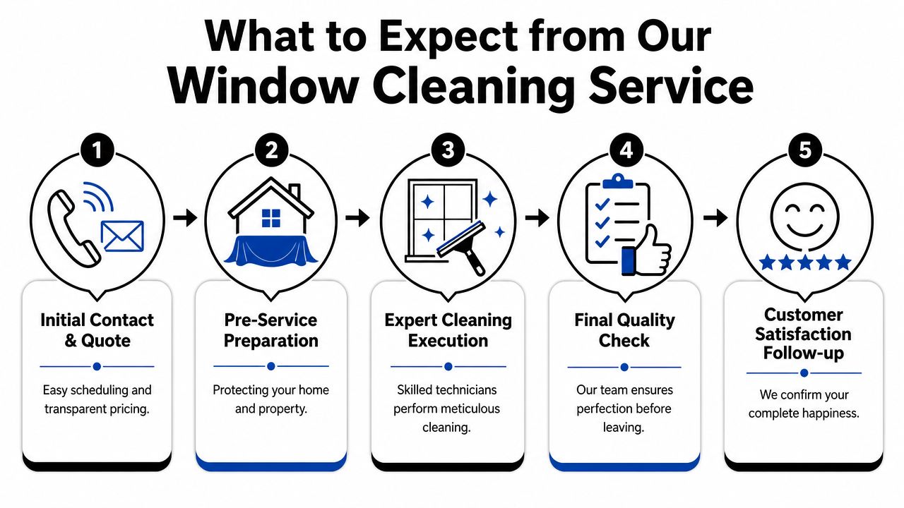 A five-step infographic illustrating the professional window cleaning service process from initial contact to customer satisfaction.
