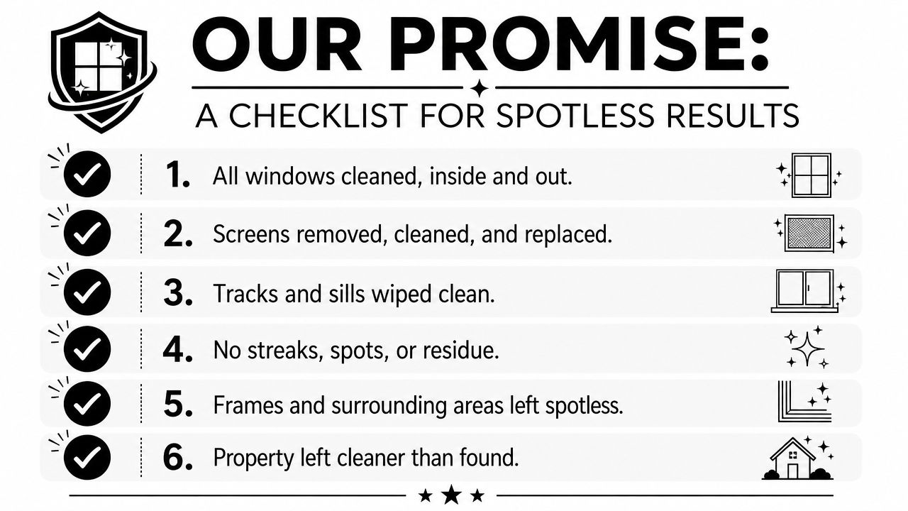 A checklist of professional window cleaning promises featuring six steps for ensuring spotless and high-quality results.