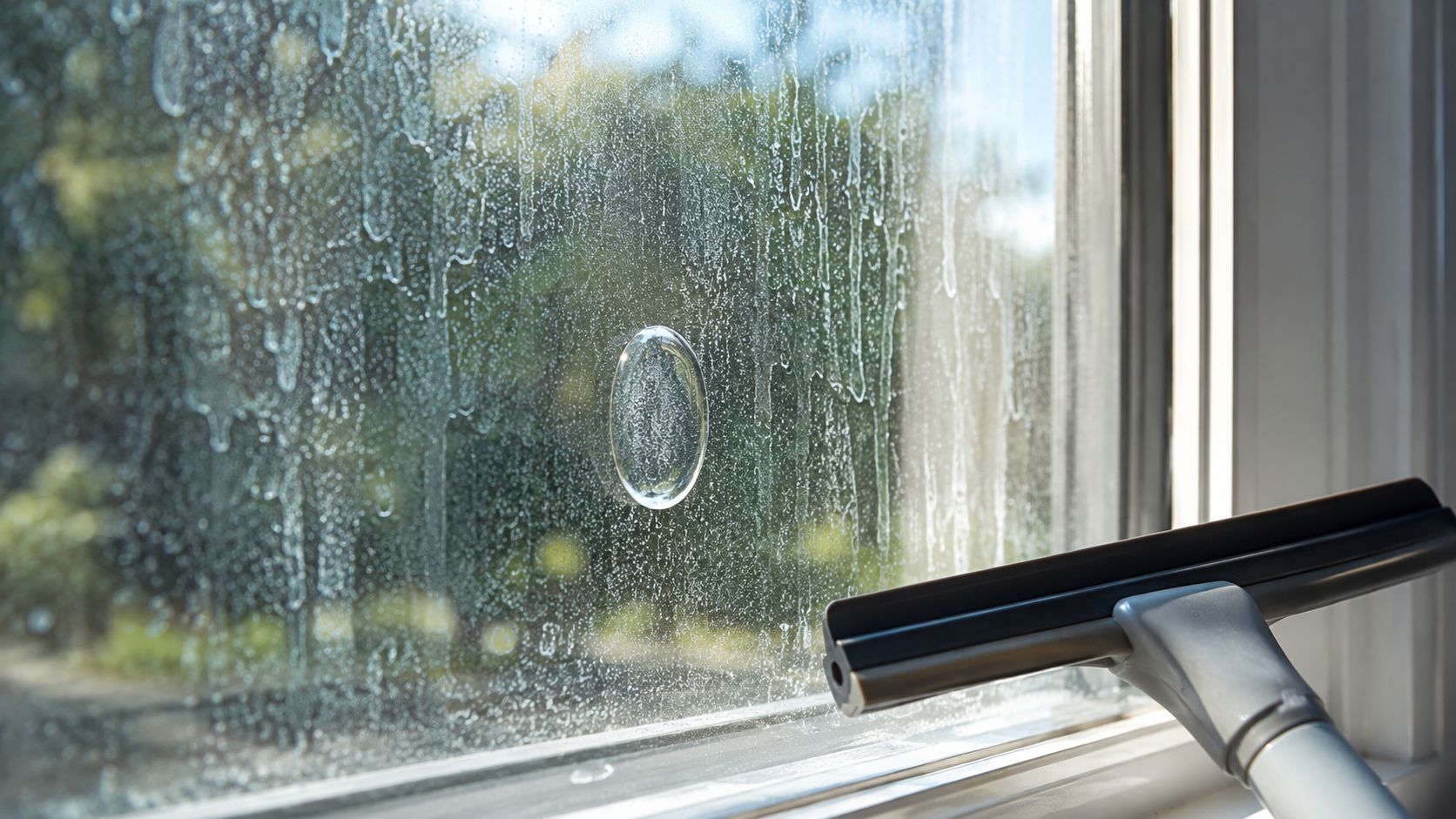 A squeegee cleaning a dirty window with visible soap streaks and water marks.