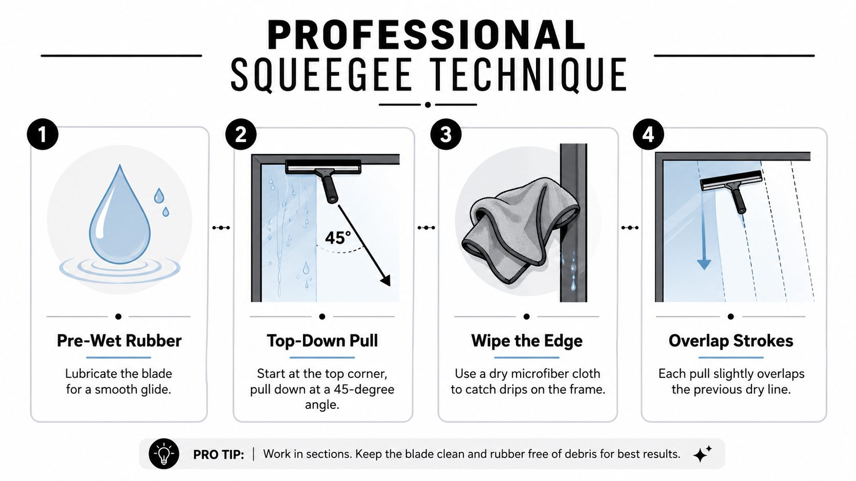 A four-step infographic illustrating professional techniques for cleaning windows using a squeegee for streak-free results.