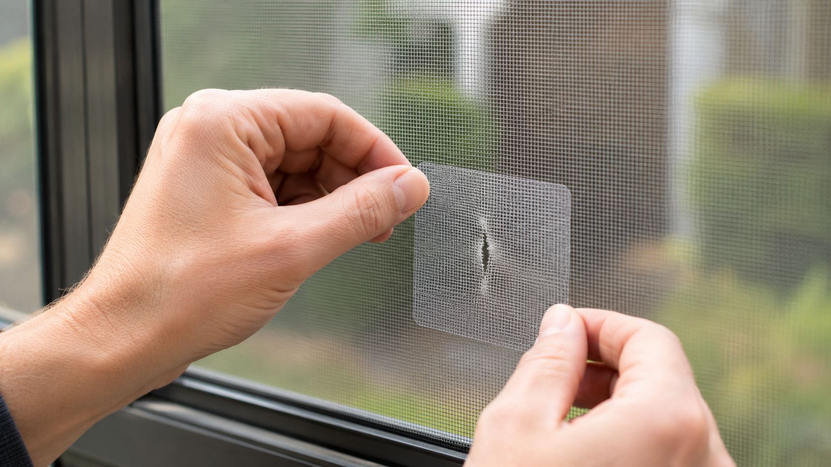 A person applying a self-adhesive window screen repair patch to fix a small hole in the mesh.