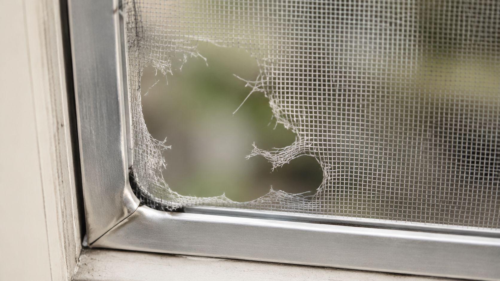 A close-up view of a damaged window screen with a large tear near the metal frame.