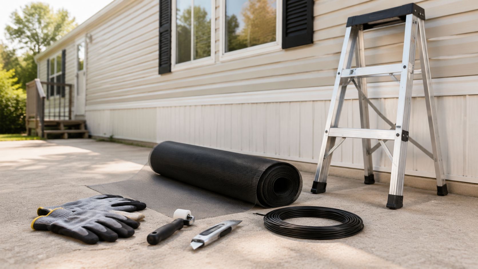 Tools and materials for window screen replacement laid out on a patio in front of a house.