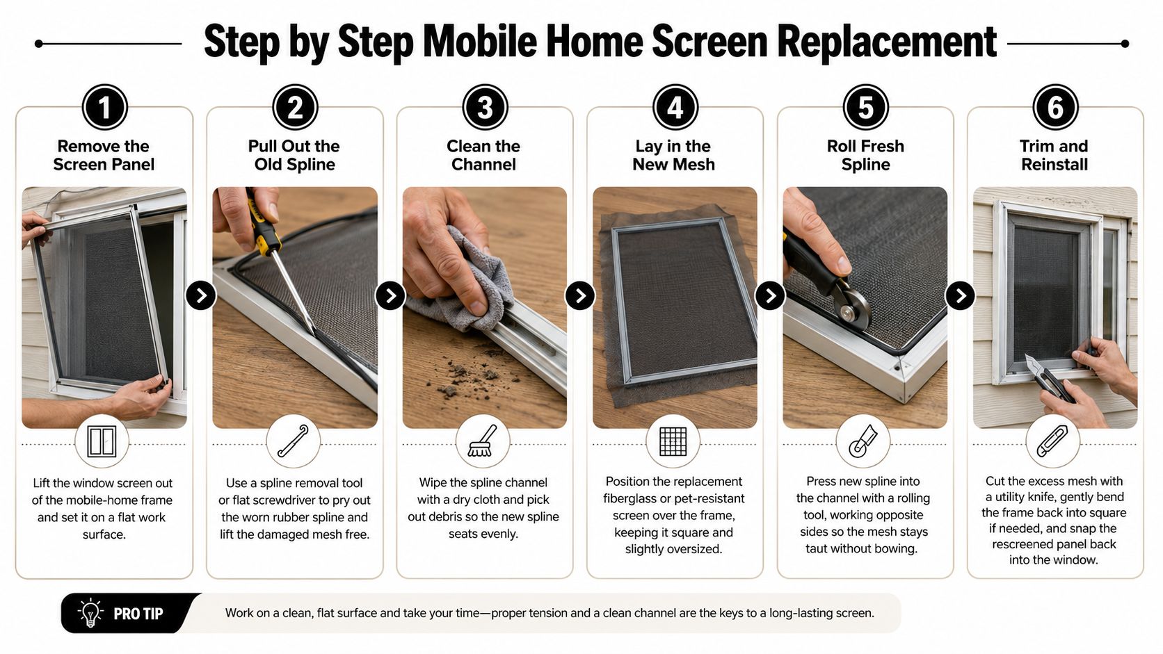 A six-step infographic guide explaining the process of replacing a mobile home window screen panel.