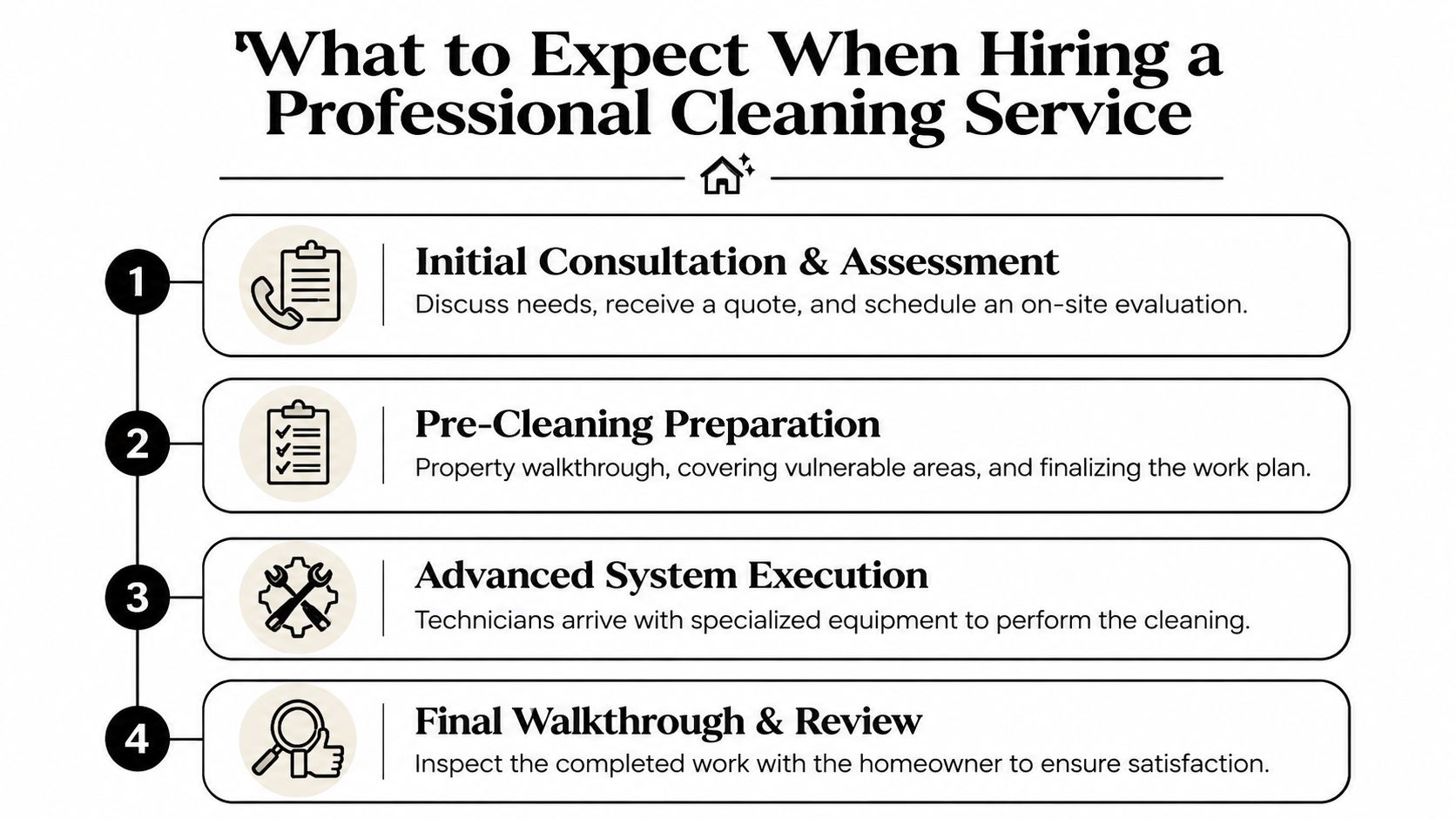 An infographic showing the four-step process for hiring professional cleaning services including consultation, preparation, execution, and review.