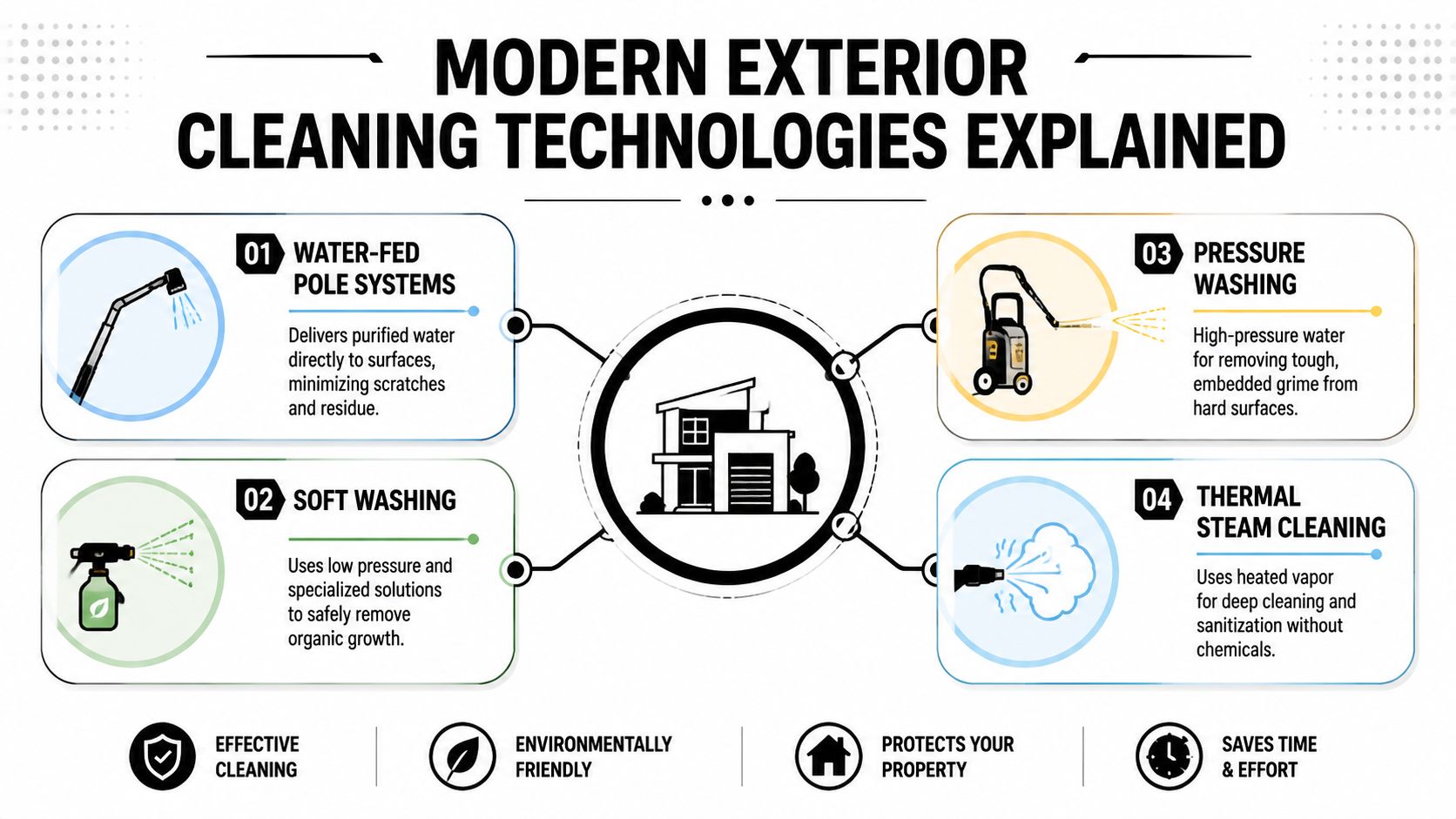 An infographic showing four modern exterior cleaning technologies, including water-fed poles, soft washing, pressure washing, and steam cleaning.