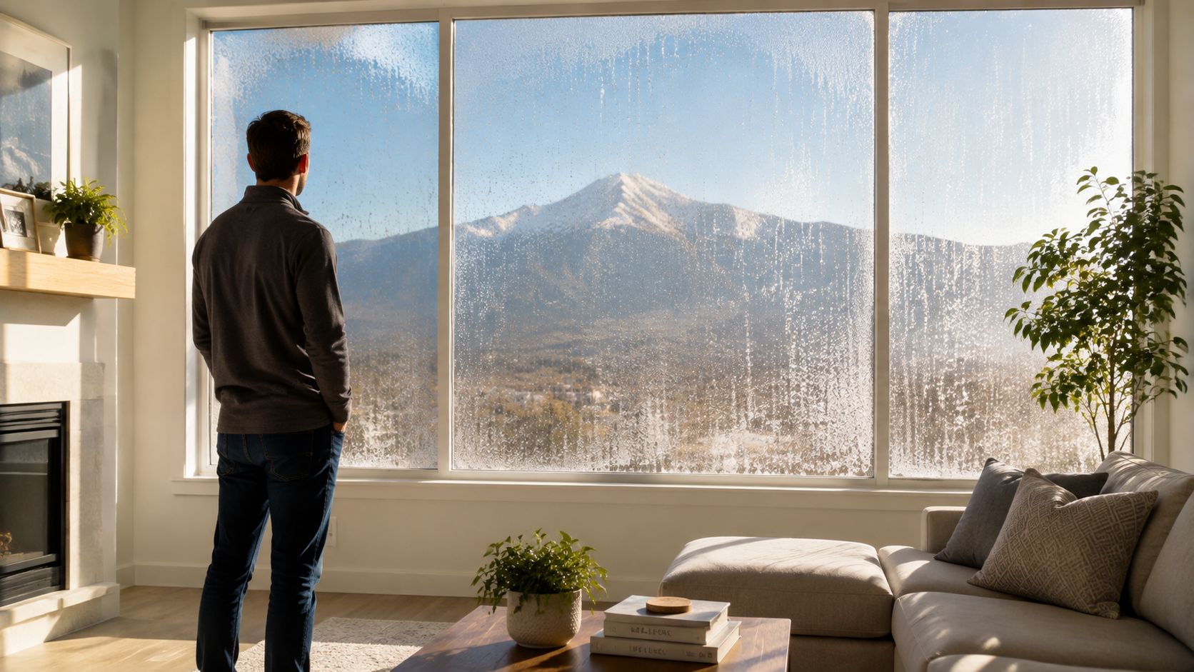 A man stands in a modern living room looking out at a scenic mountain view through a large window.