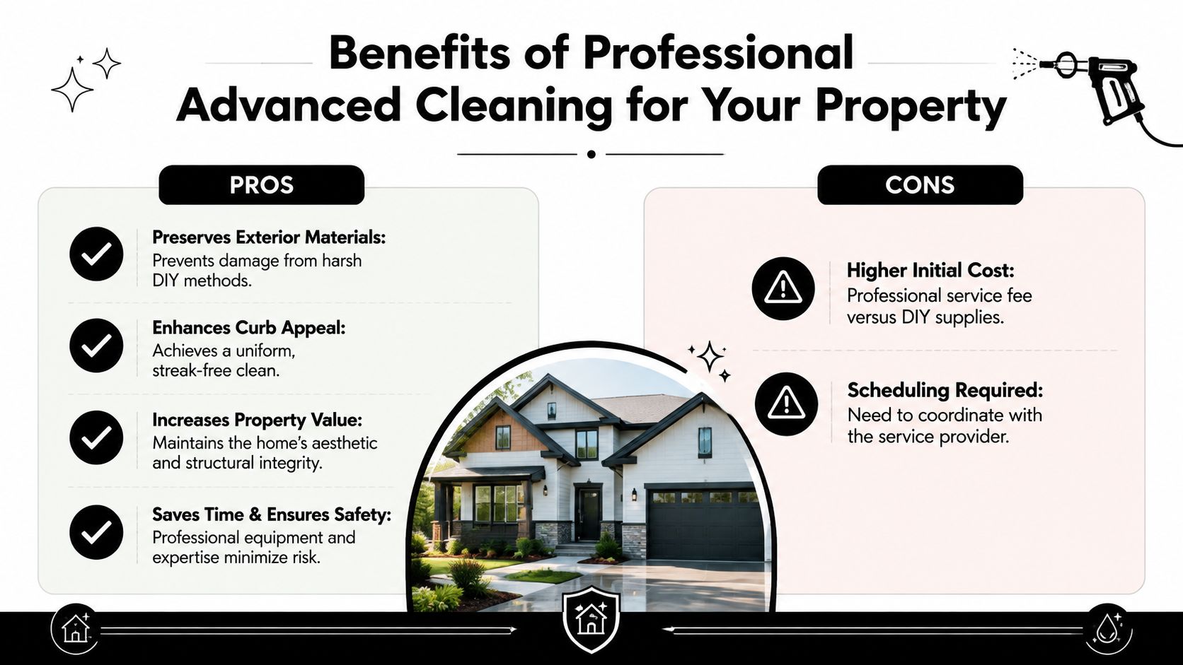 An infographic comparing the pros and cons of hiring professional advanced cleaning services for residential properties.
