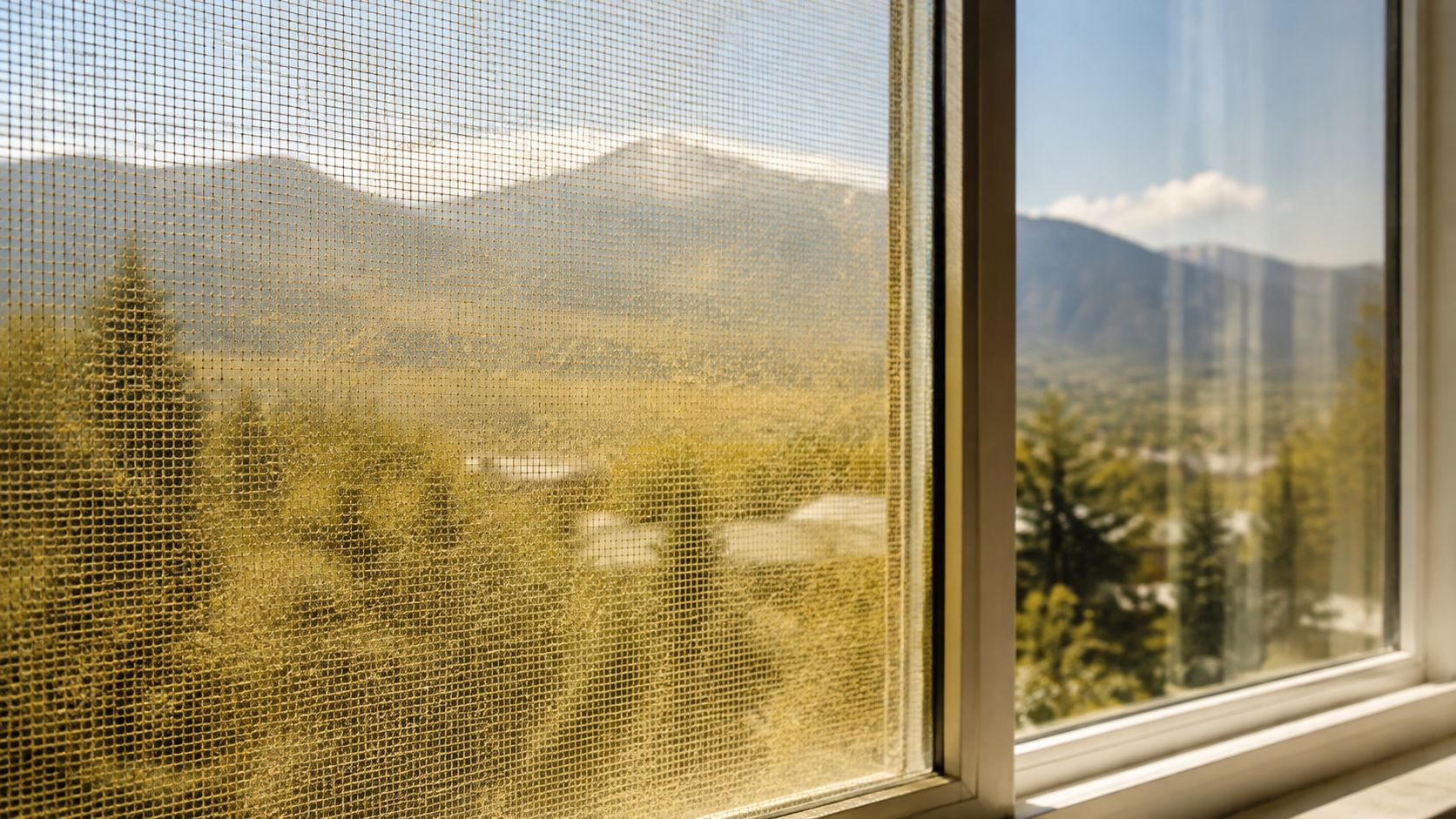 A close-up view of a dusty window screen contrasting with a clear view through open glass.