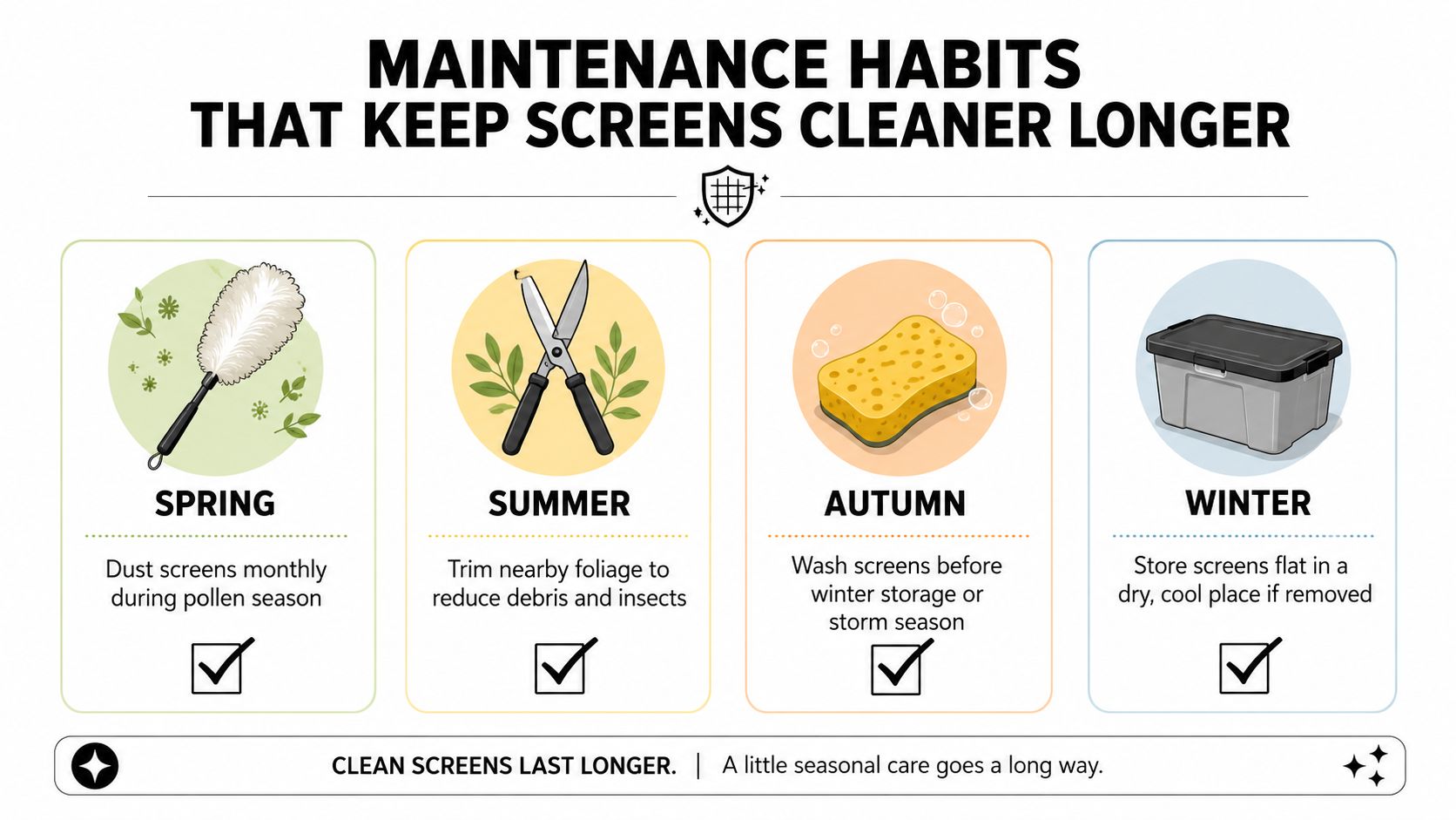 An infographic detailing seasonal maintenance tips for window screens to keep them clean throughout the year.