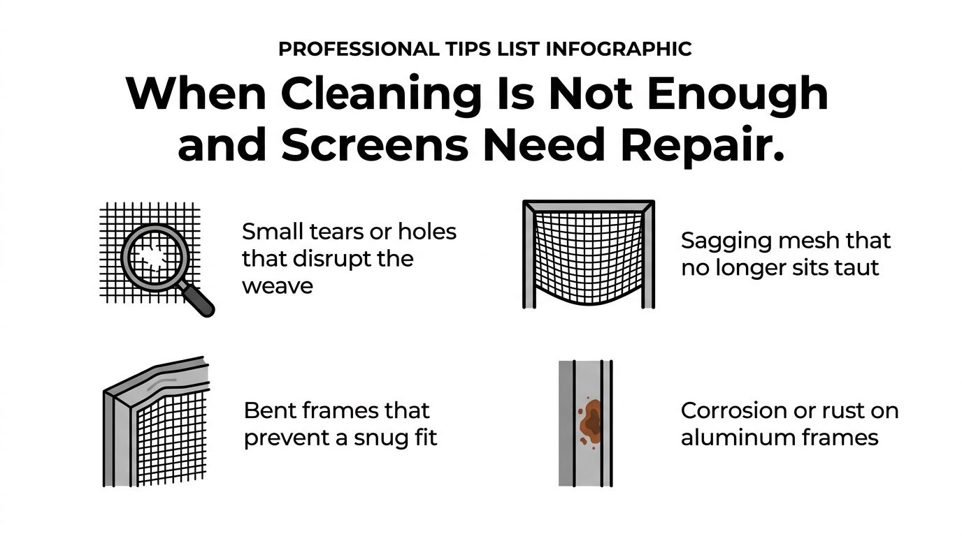 An infographic illustrating four signs that window screens need repair rather than cleaning, such as tears and corrosion.