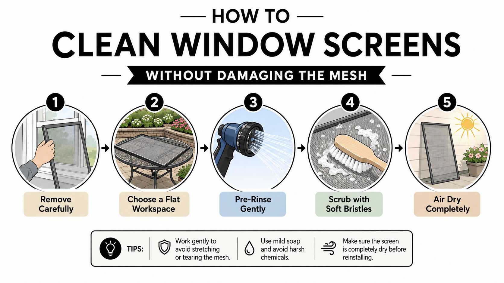 A five-step instructional guide on how to clean window screens safely without damaging the delicate mesh.