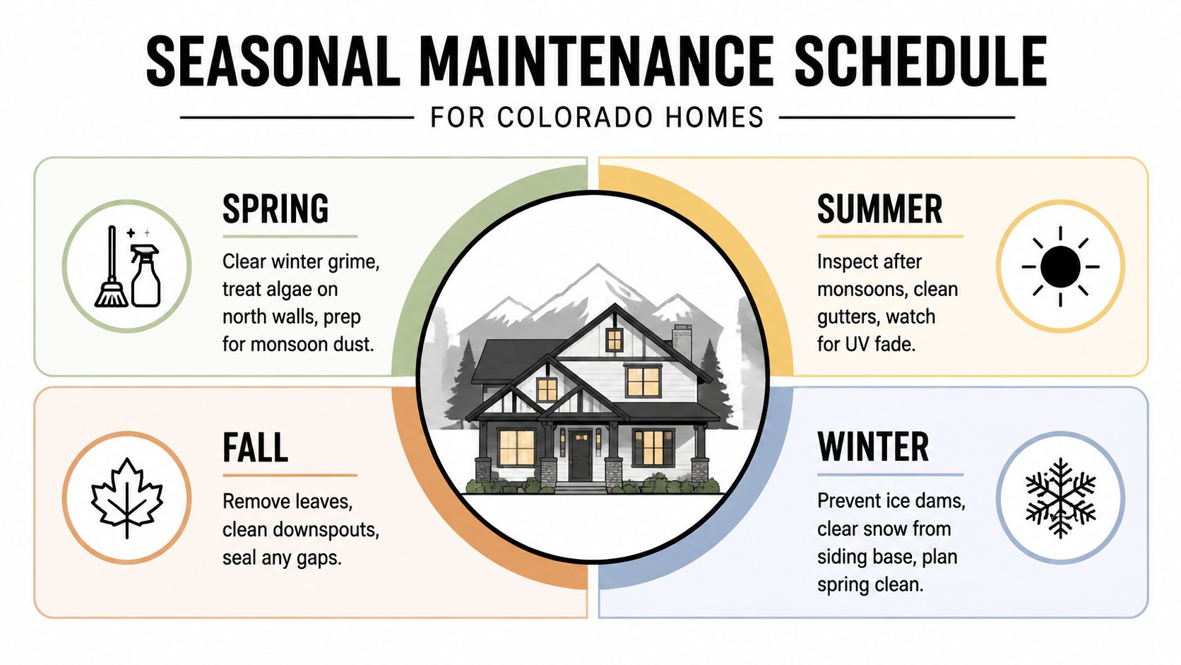 A seasonal maintenance schedule infographic for Colorado homes showing exterior tasks for spring, summer, fall, and winter.