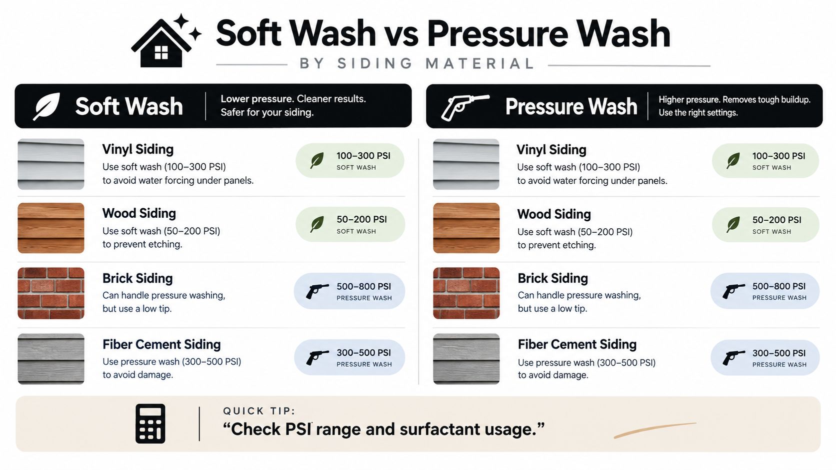 A comparison chart showing recommended PSI levels for soft washing versus pressure washing different home siding materials.