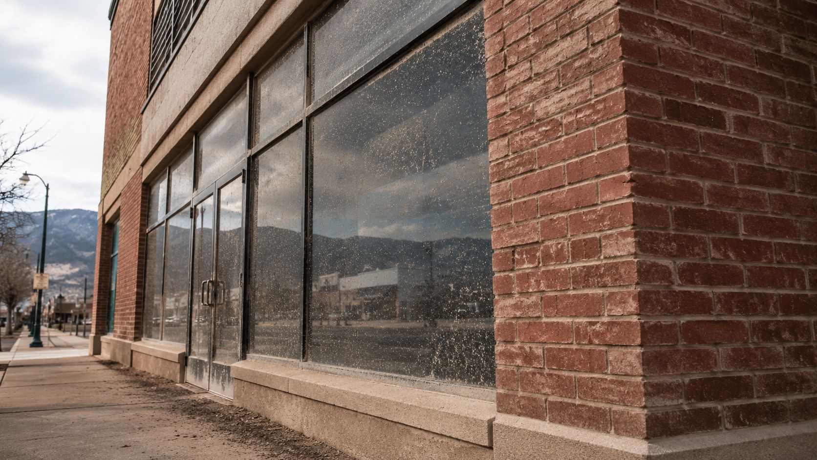 A dirty glass storefront window of a brick commercial building in need of a professional cleaning service.