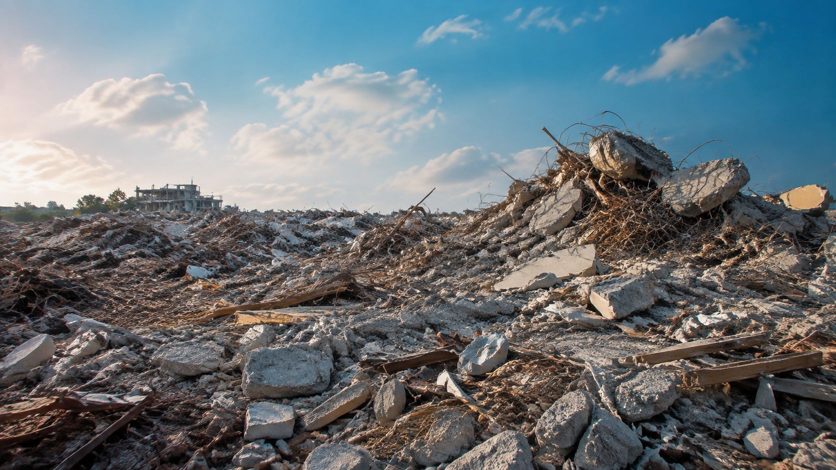 A vast pile of concrete rubble and twisted metal rebar from a building demolition site at sunset.