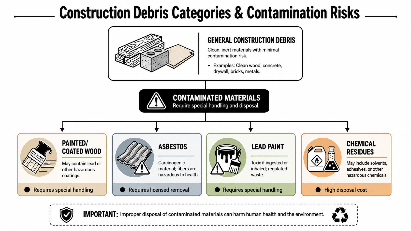 A diagram categorizing construction debris into general waste and contaminated materials requiring special handling and disposal procedures.
