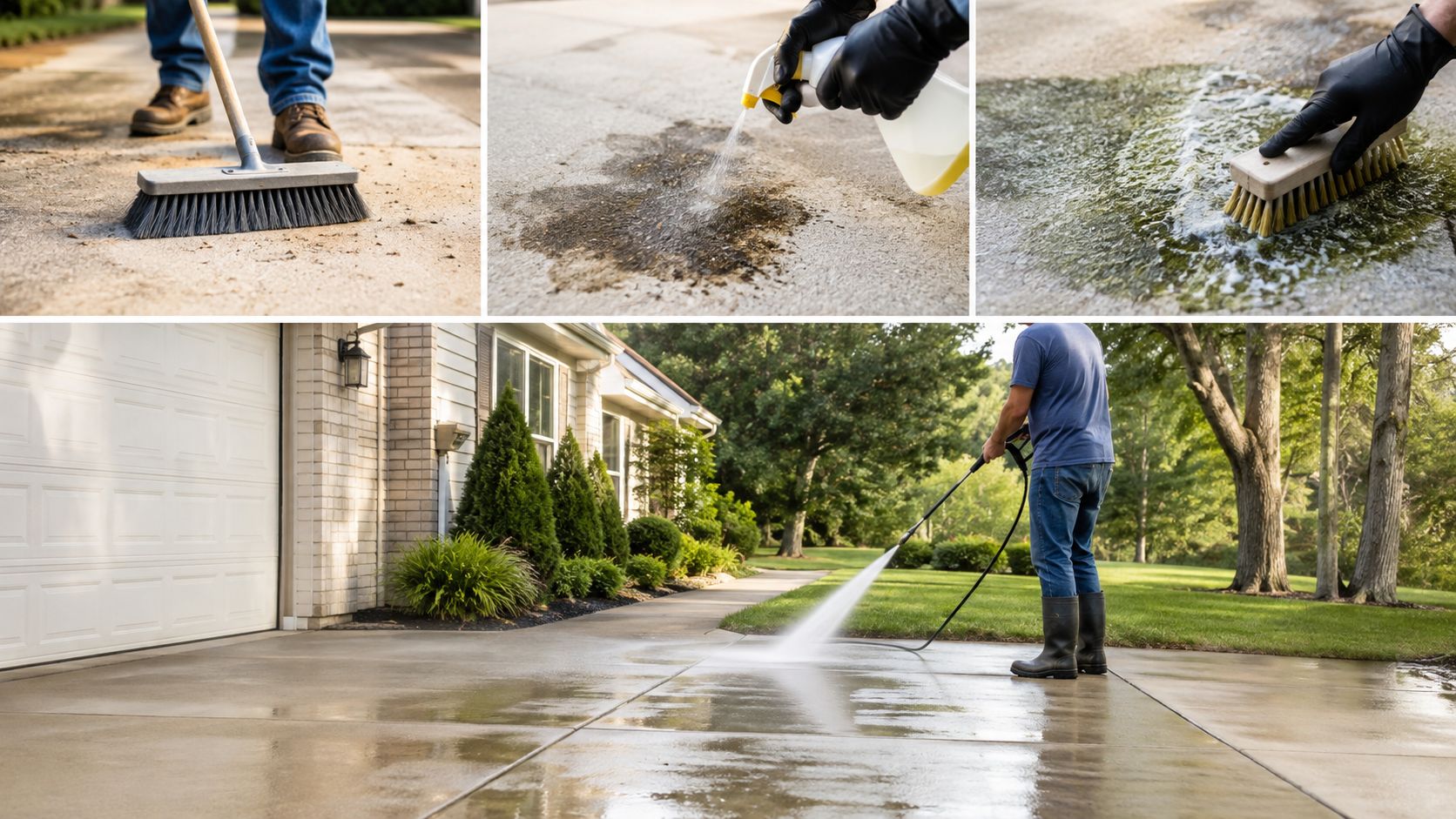 A collage showing a person cleaning a concrete driveway using a broom, spray, brush, and pressure washer.