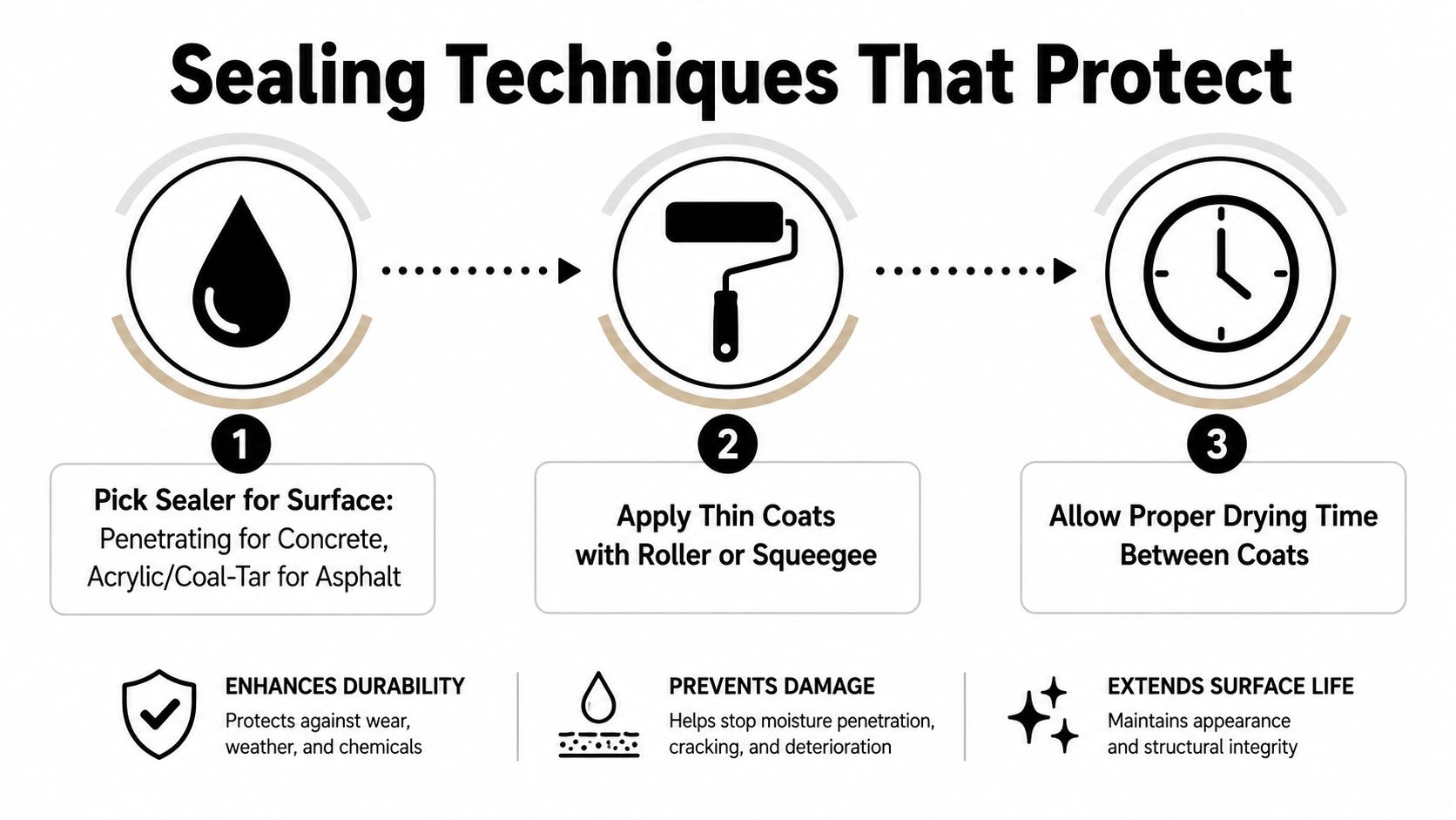 An infographic showing the three essential steps for driveway sealing, including picking the right sealer, application, and drying.