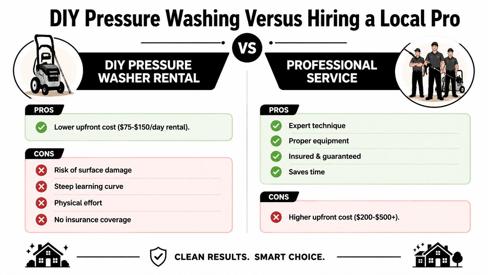 A comparison infographic detailing the pros and cons of DIY pressure washing versus hiring professional services.